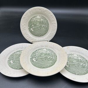Vintage Homer Laughlin pastoral Green and White Scenic Plates